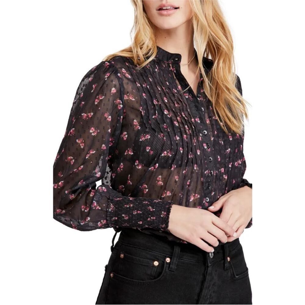 Free People Black Floral Sheer Blouse